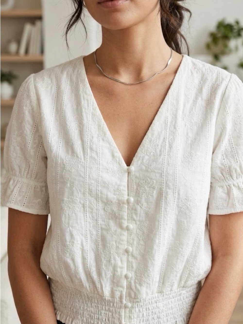 Hayden White Embroidered V-Neck Button Front Blouse